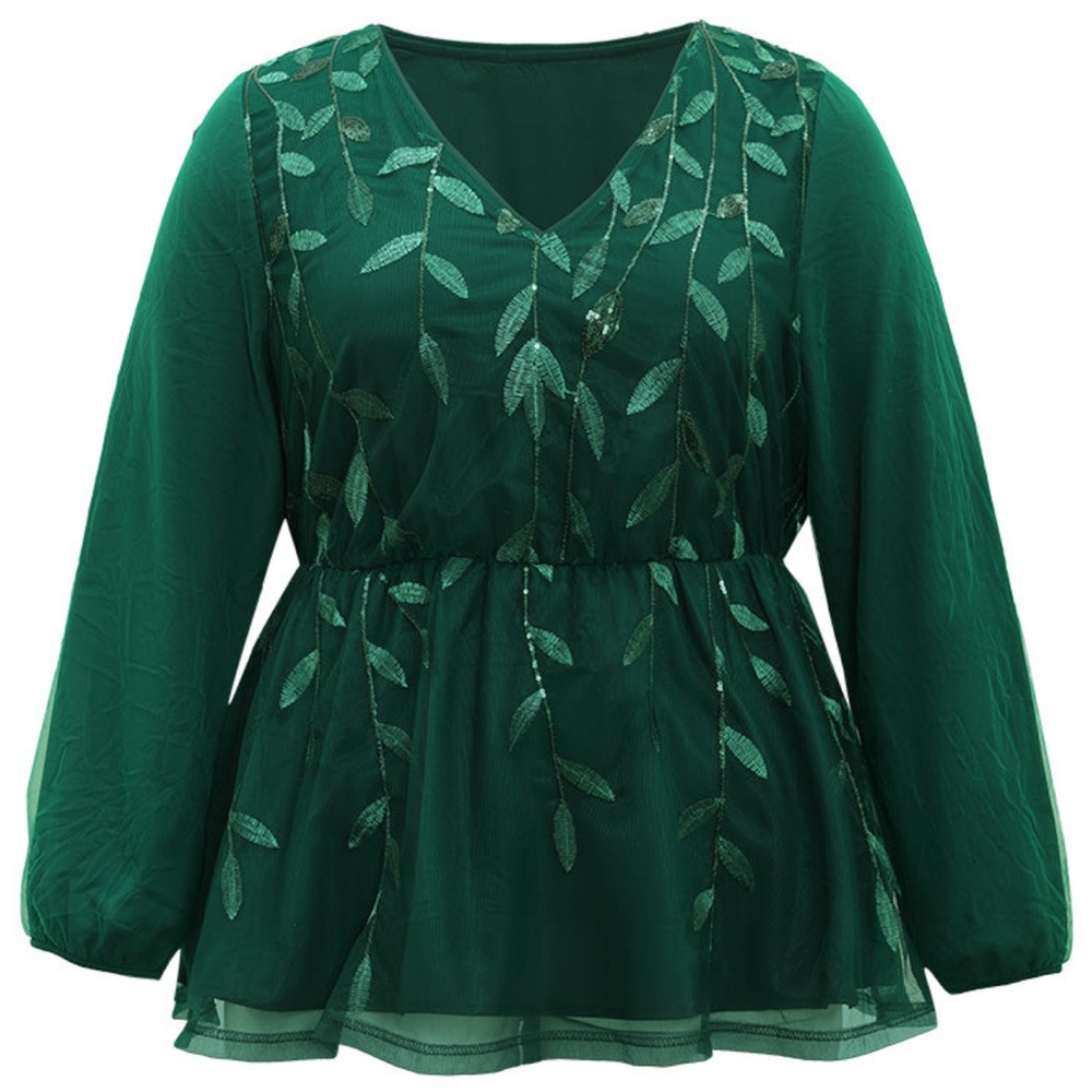 *SOLD*  BloomChic Green Leaves Embroidered Sequin Mesh V-Neck Long Sleeve Blouse